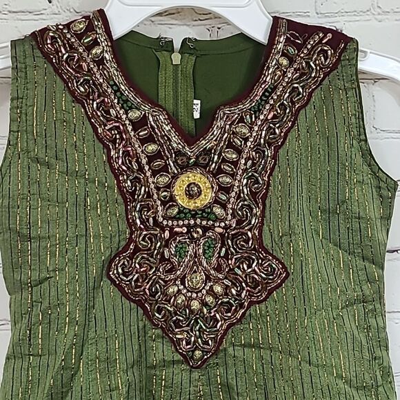 Girls Green/Gold Fancy Embroidered Indian Party Tulle Dress Churidar Gown 24 5T - Picture 3 of 12